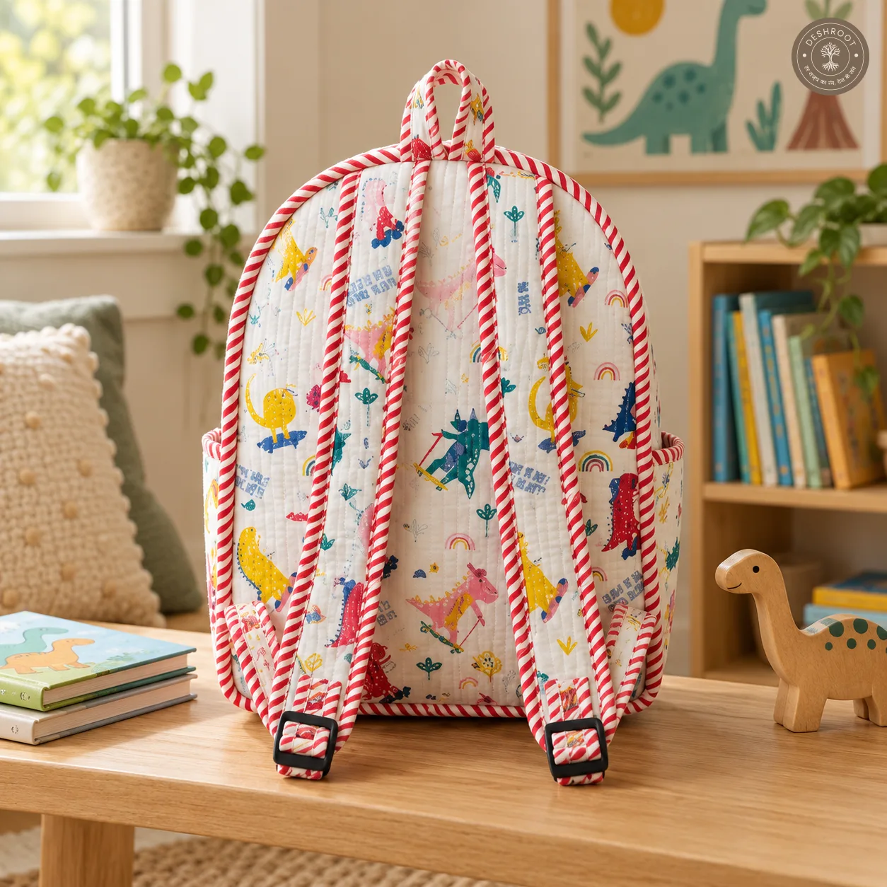 Handcrafted Quilted Dinosaur Print Cotton Kids Backpack – Lightweight School & Travel Bag