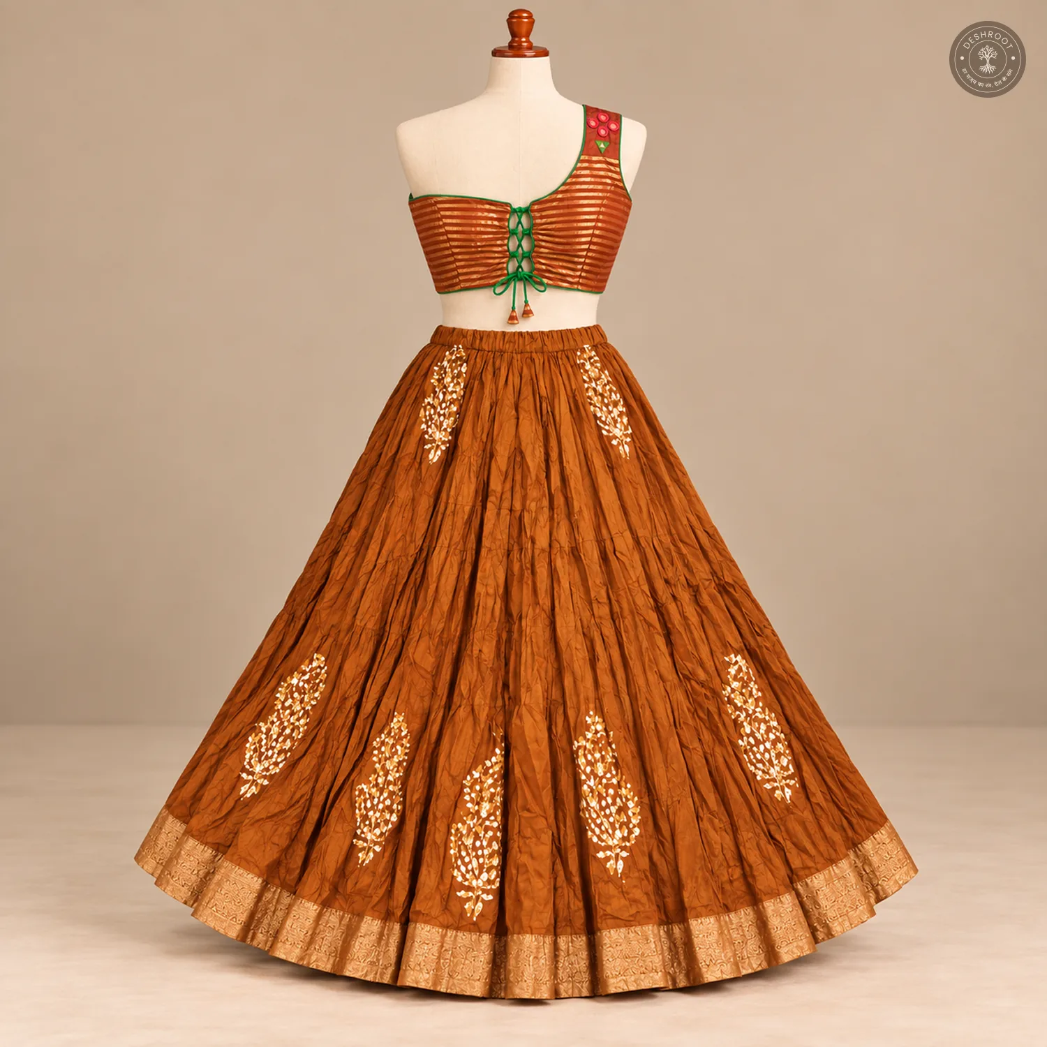 Rust Dola Silk Chaniya Choli Set with One-Shoulder Blouse