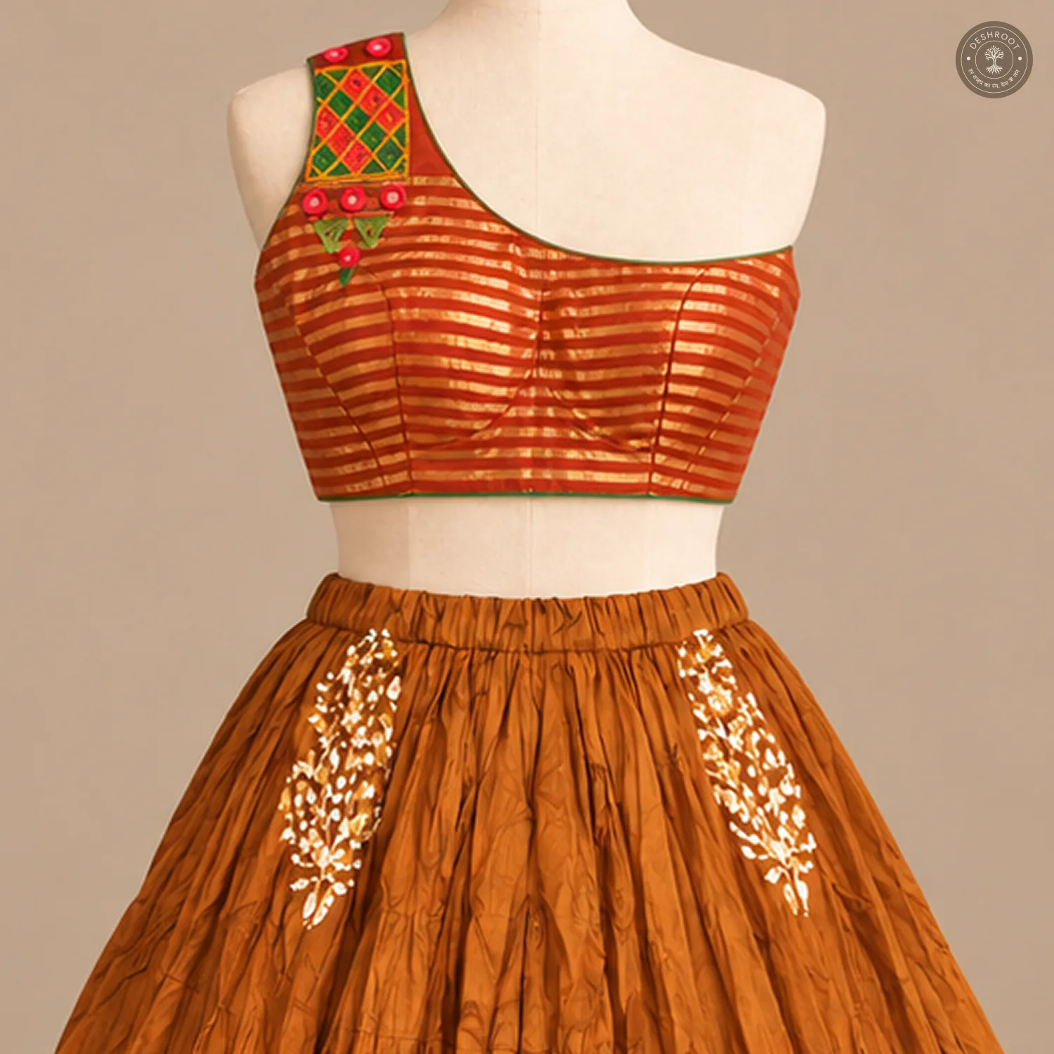 Rust Dola Silk Chaniya Choli Set with One-Shoulder Blouse