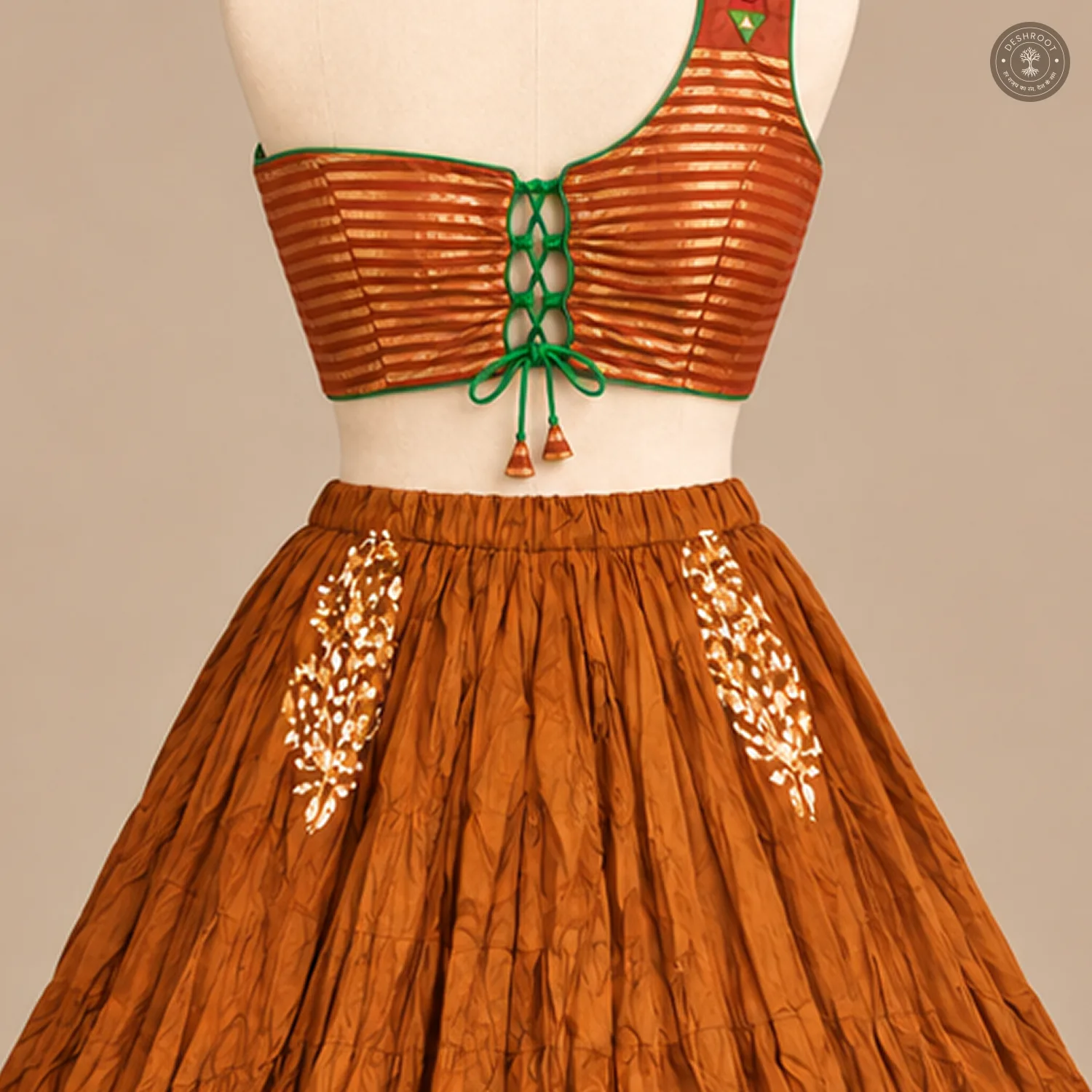 Rust Dola Silk Chaniya Choli Set with One-Shoulder Blouse
