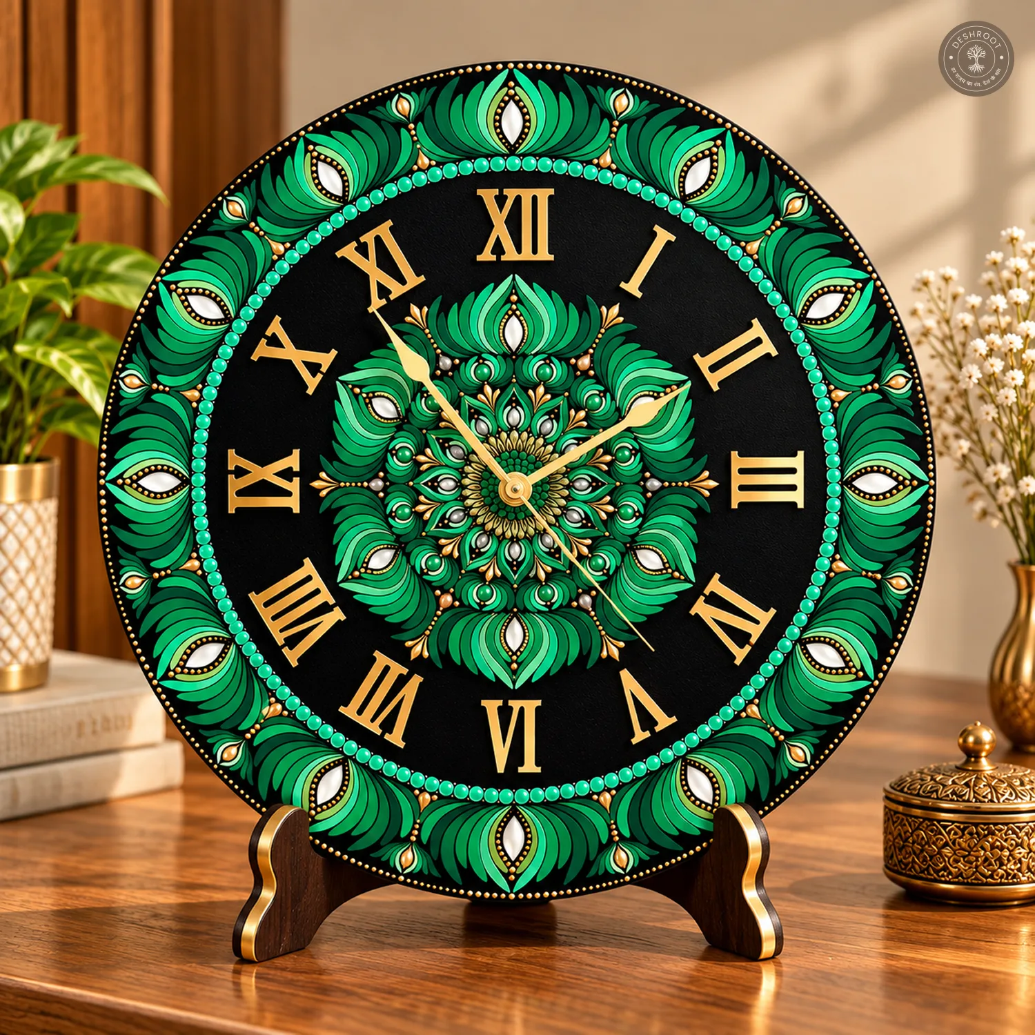 Green Gold Dot Mandala Clock