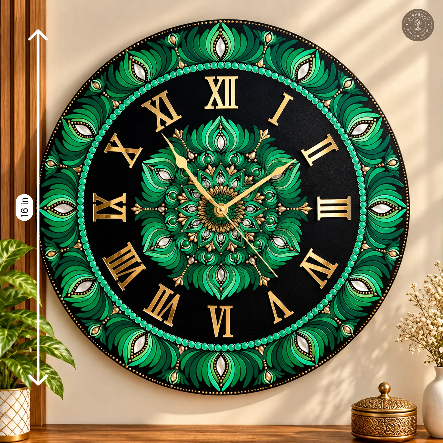 Green Gold Dot Mandala Clock