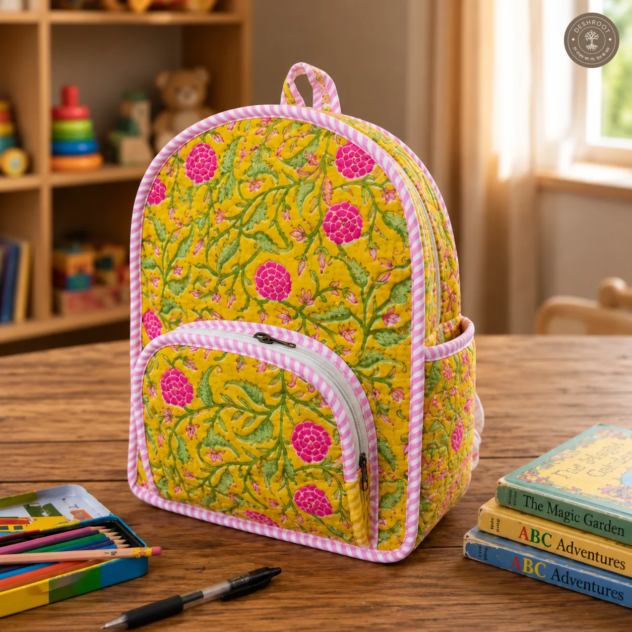 Handcrafted Quilted Yellow Floral Cotton Kids Backpack – Lightweight School & Travel Bag