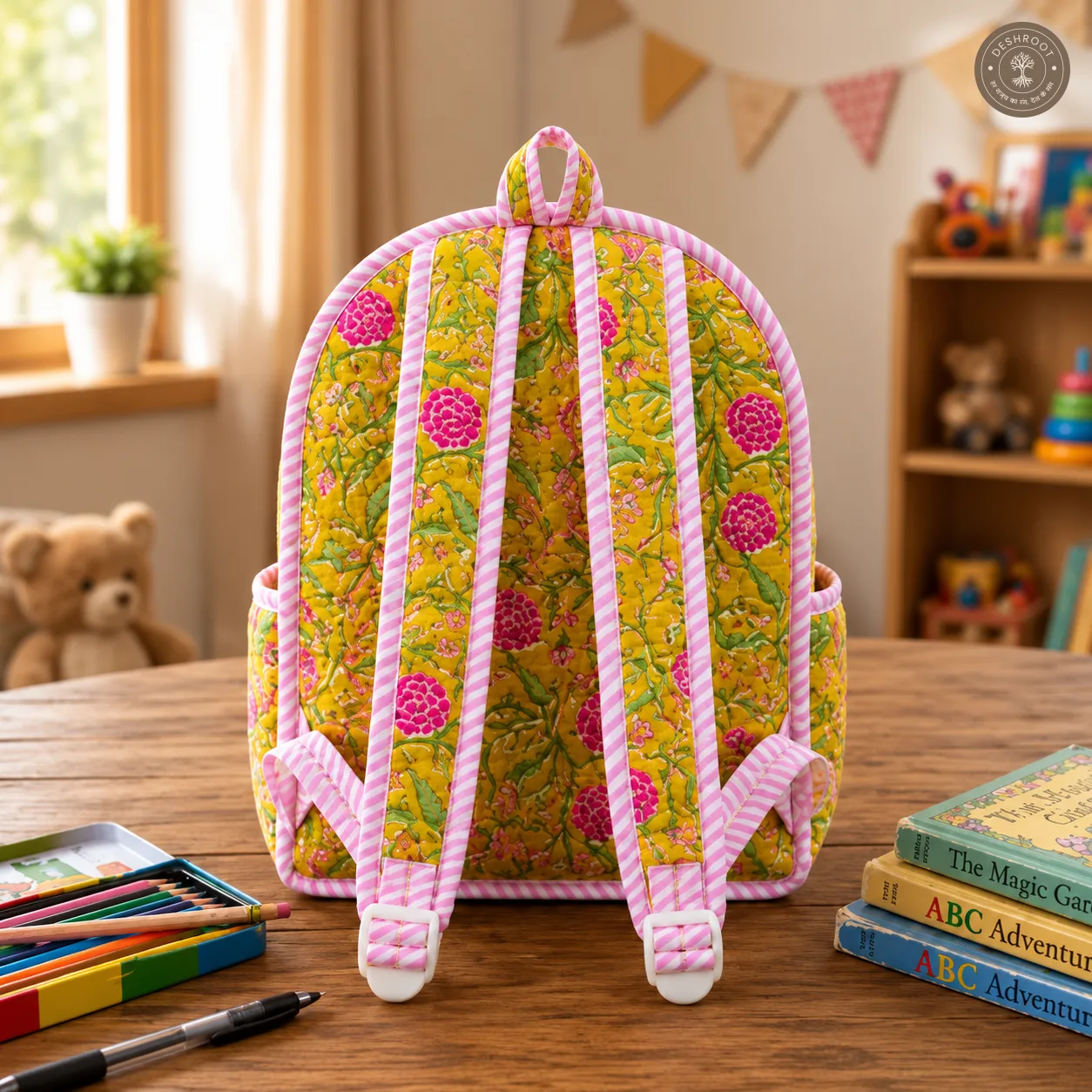 Handcrafted Quilted Yellow Floral Cotton Kids Backpack – Lightweight School & Travel Bag