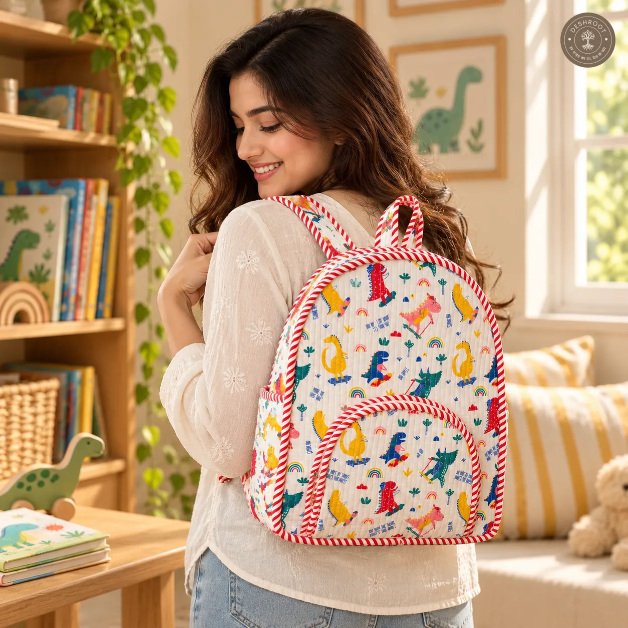 Handcrafted Quilted Dinosaur Print Cotton Kids Backpack – Lightweight School & Travel Bag