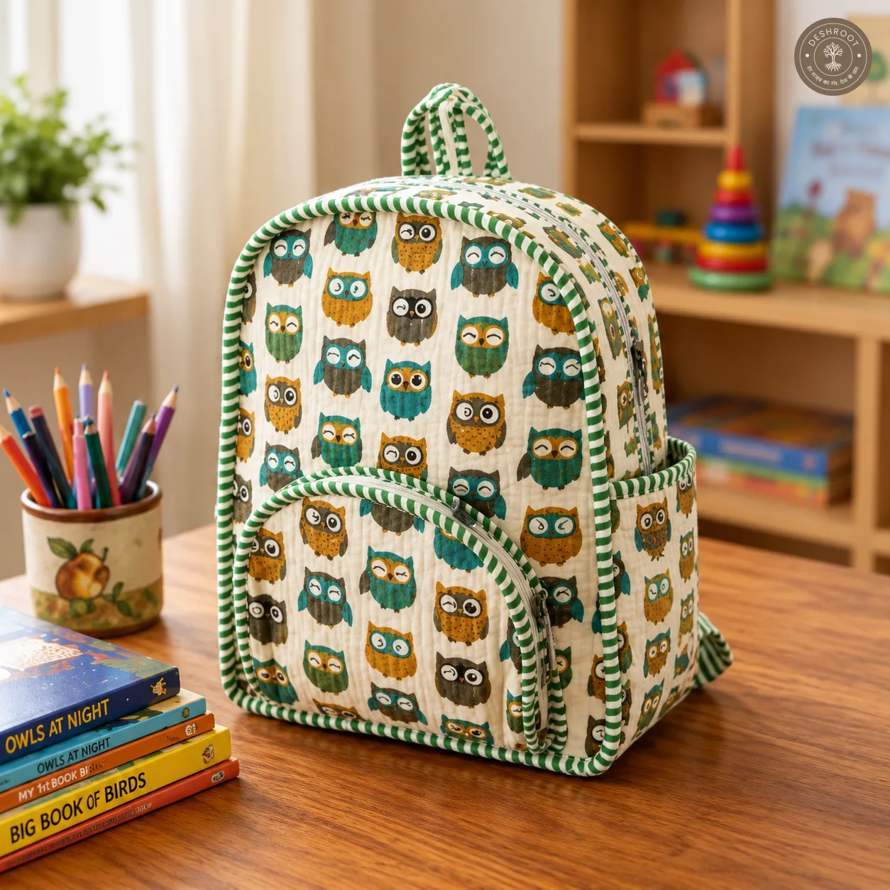 Handcrafted Quilted Owl Print Cotton Kids Backpack – Lightweight School & Travel Bag