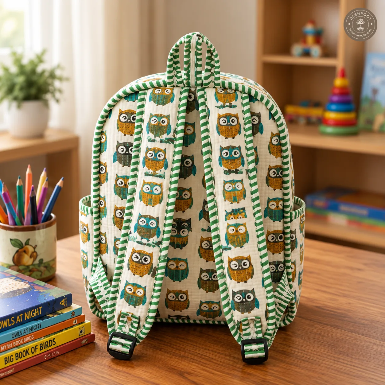 Handcrafted Quilted Owl Print Cotton Kids Backpack – Lightweight School & Travel Bag