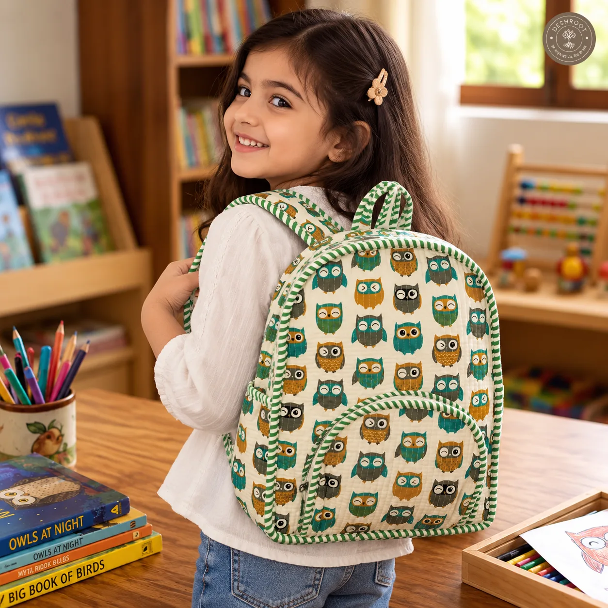 Handcrafted Quilted Owl Print Cotton Kids Backpack – Lightweight School & Travel Bag