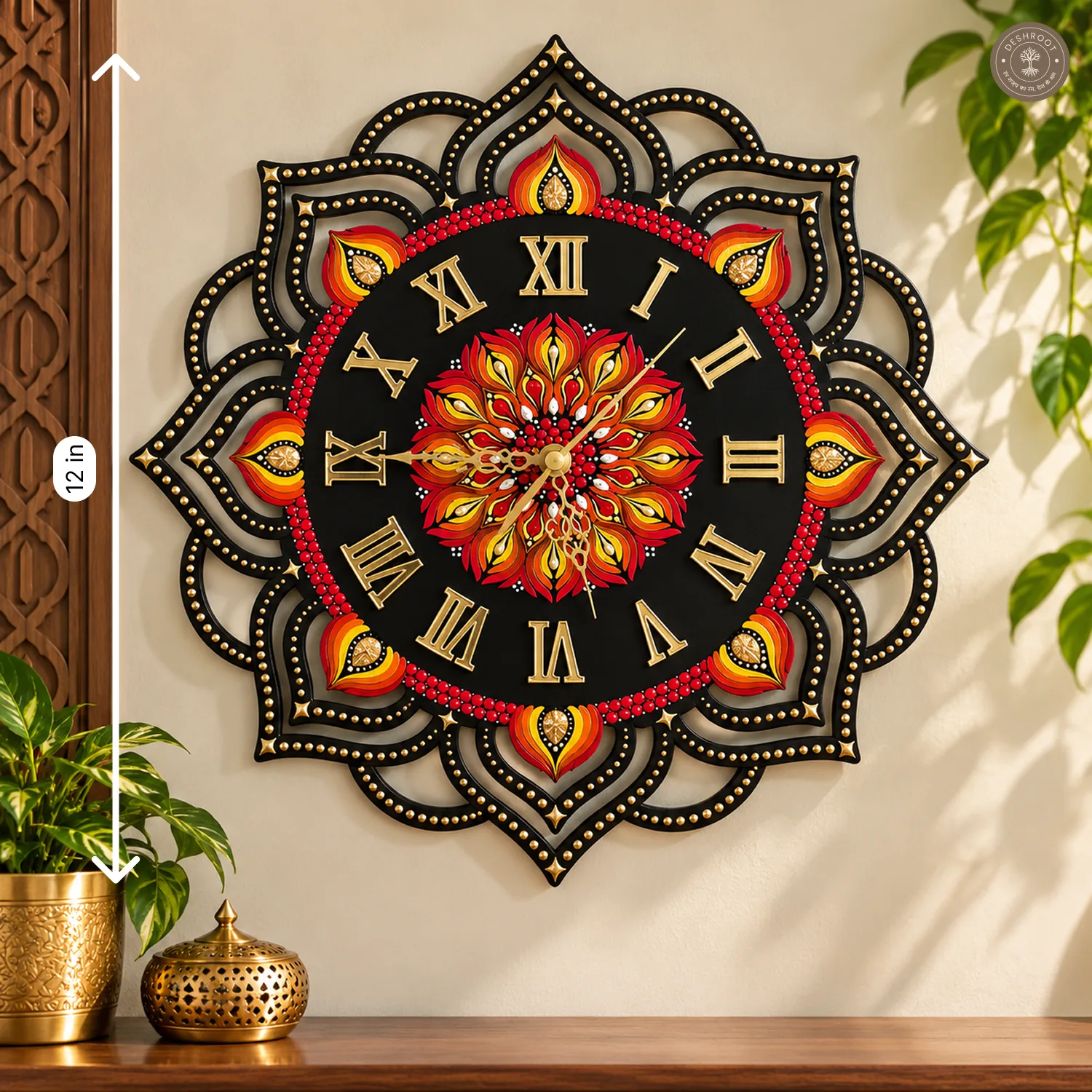 Red Gold Dot Mandala Clock