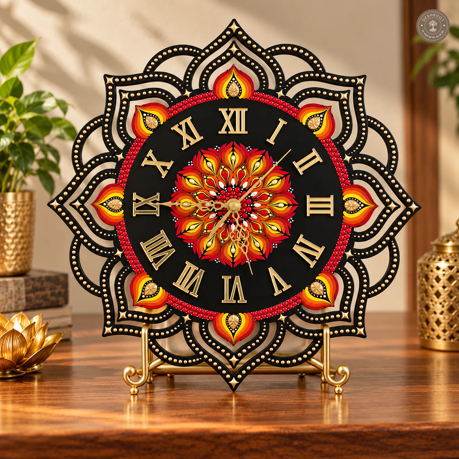 Red Gold Dot Mandala Clock