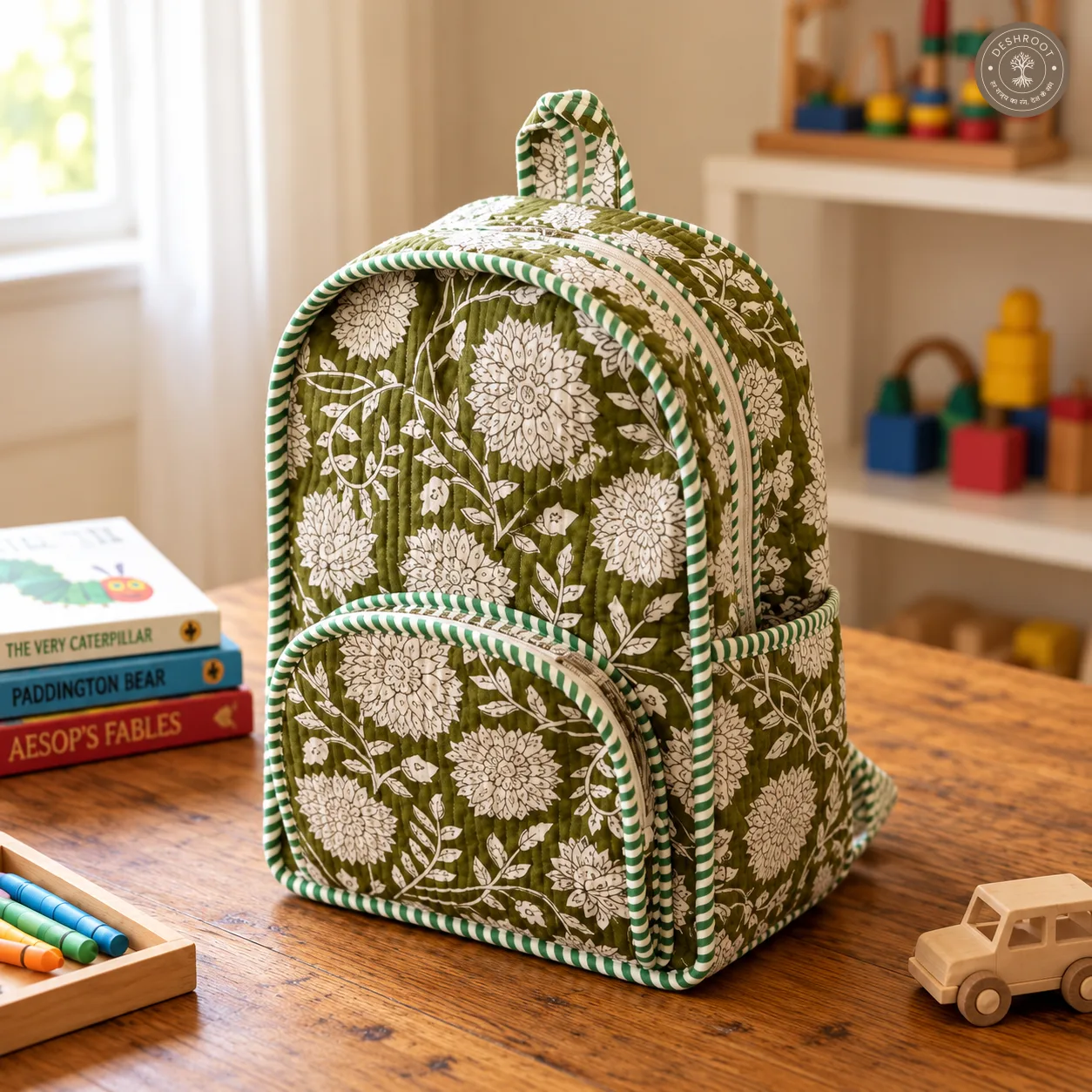 Handcrafted Quilted Olive Green Floral Cotton Kids Backpack - Lightweight School & Travel Bag