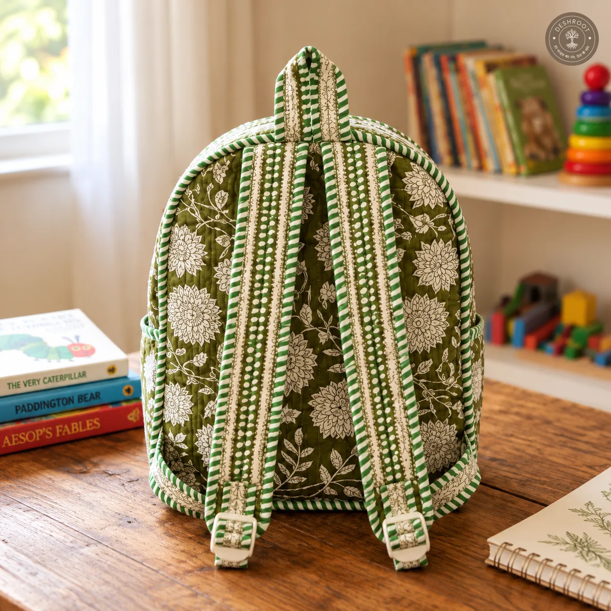 Handcrafted Quilted Olive Green Floral Cotton Kids Backpack - Lightweight School & Travel Bag