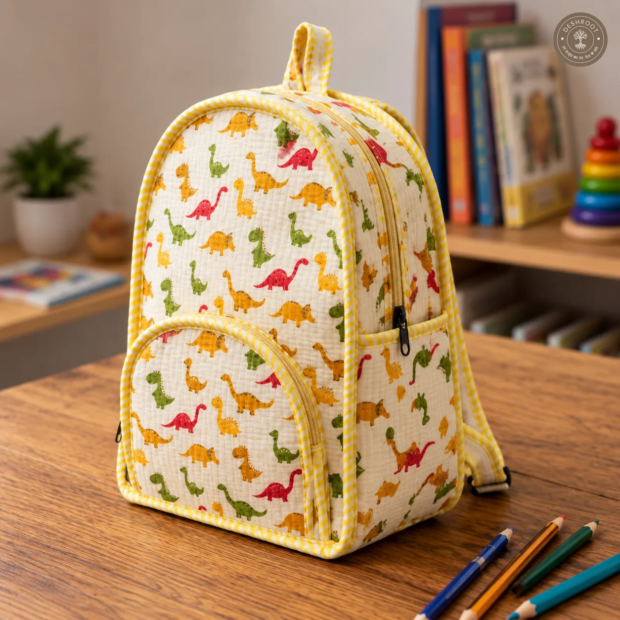 Handcrafted Quilted Dinosaur Print Cotton Kids Backpack – Lightweight School & Travel Bag