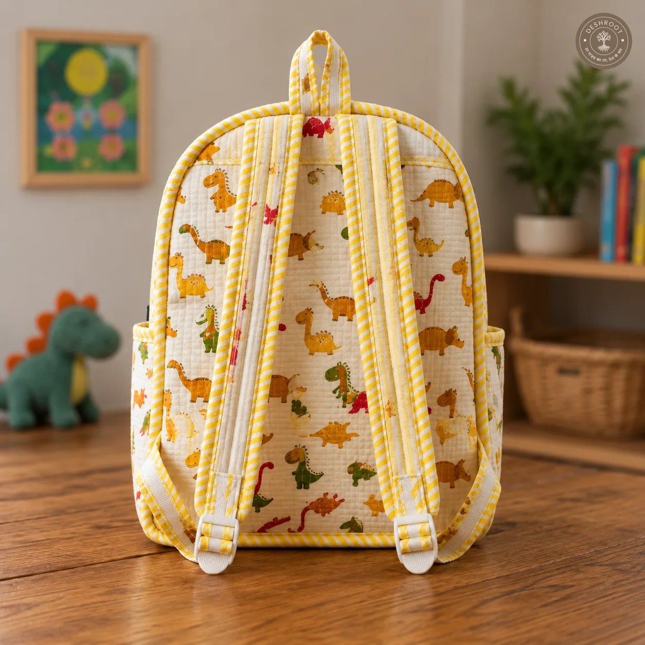 Handcrafted Quilted Dinosaur Print Cotton Kids Backpack – Lightweight School & Travel Bag
