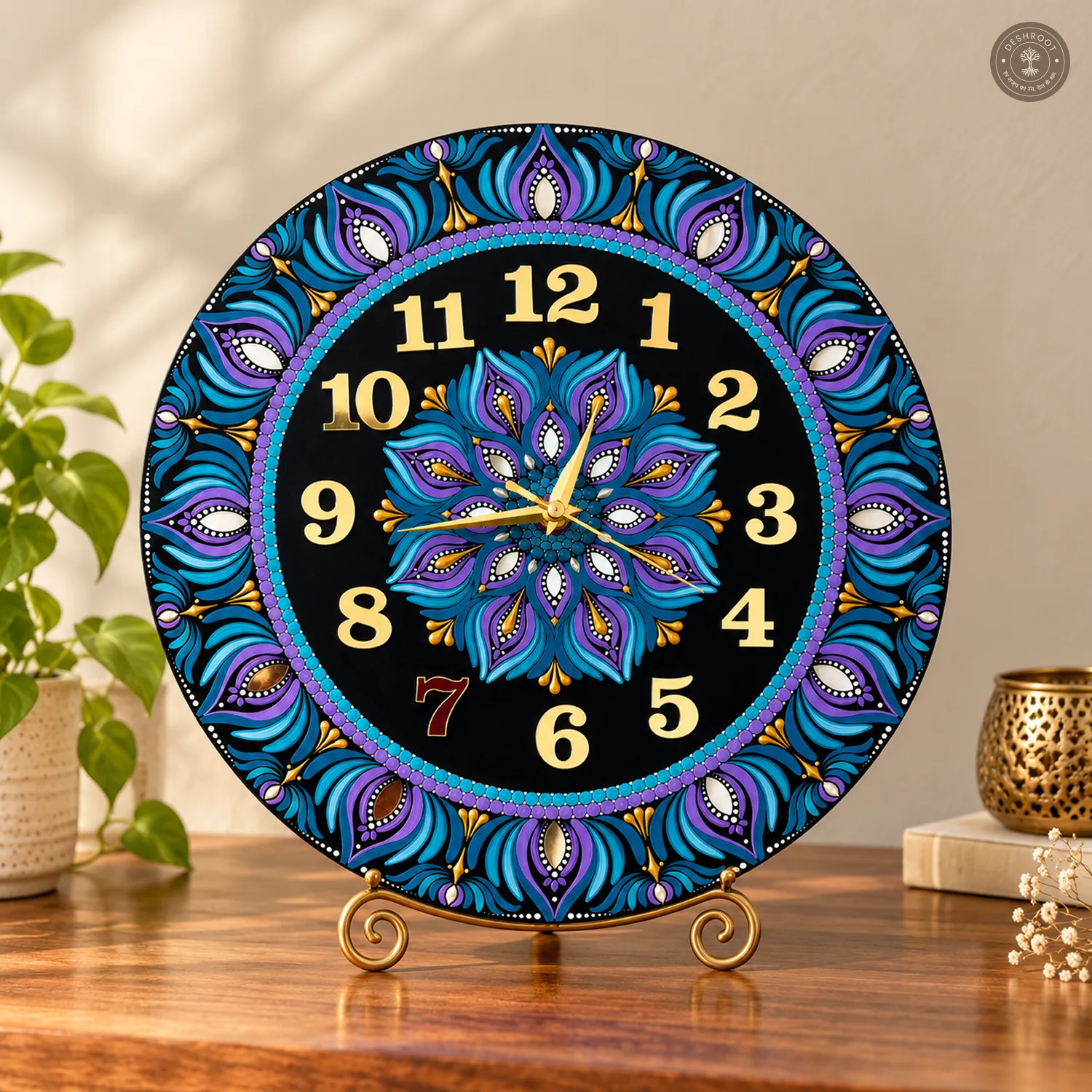 Blue Purple Gold Dot Mandala Clock