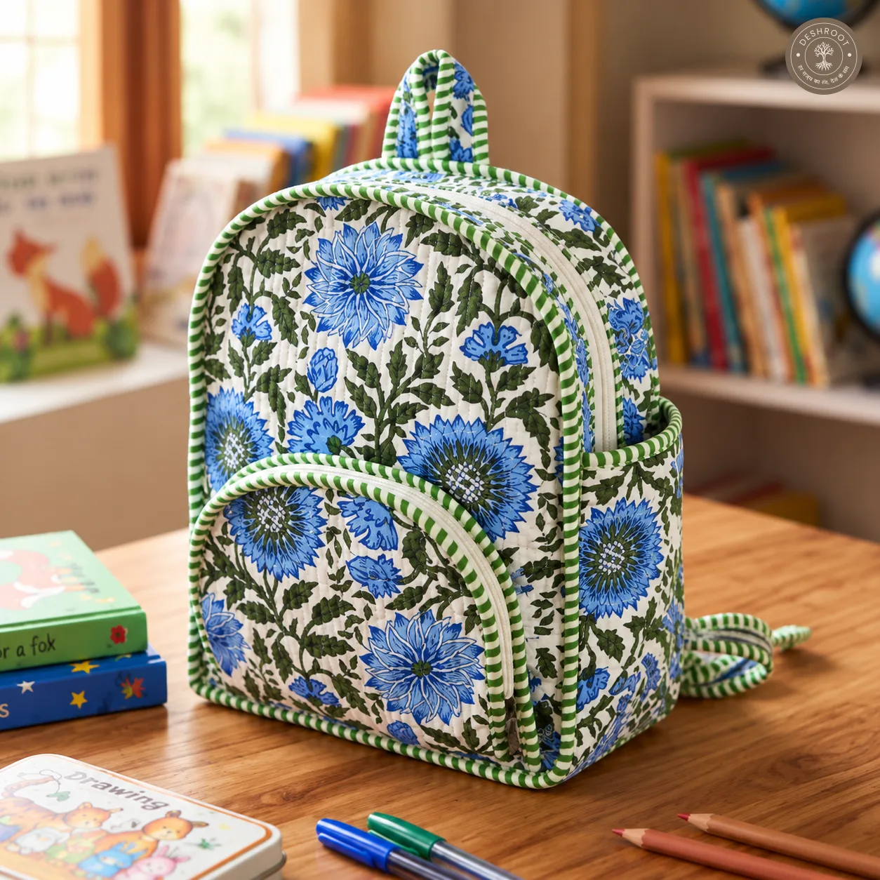 Handcrafted Quilted Blue Floral Cotton Kids Backpack – Lightweight School & Travel Bag