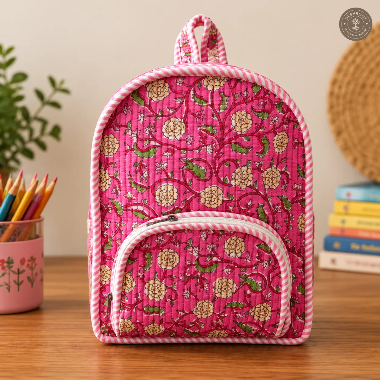 Handcrafted Quilted Floral Cotton Kids Backpack – Pink Printed School & Travel Bag