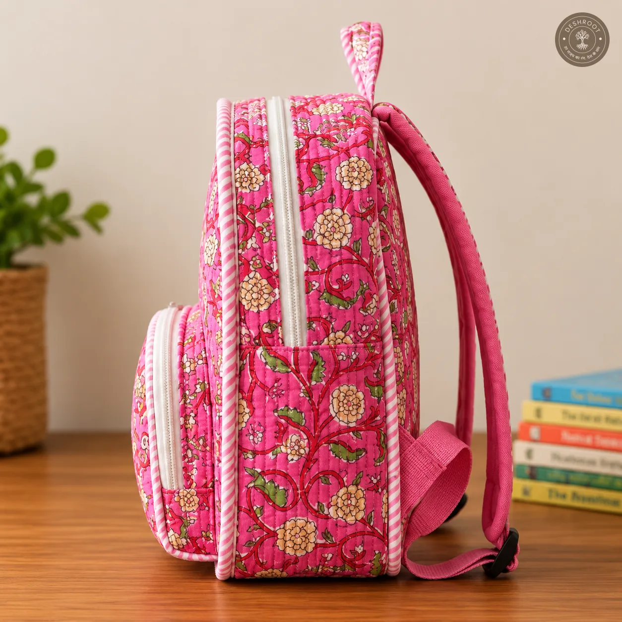 Handcrafted Quilted Floral Cotton Kids Backpack – Pink Printed School & Travel Bag