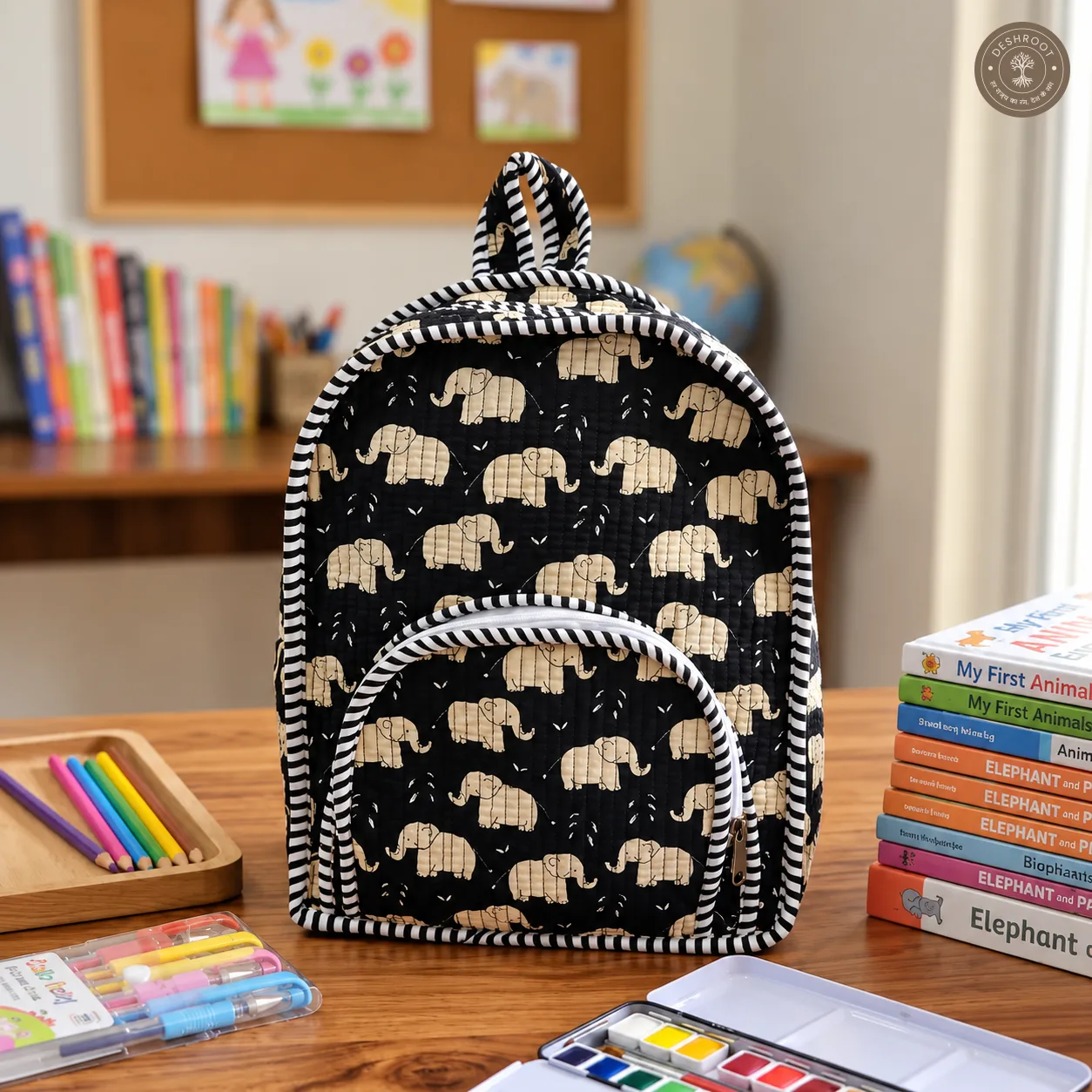 Handmade Cotton Kids Backpack with Elephant Print