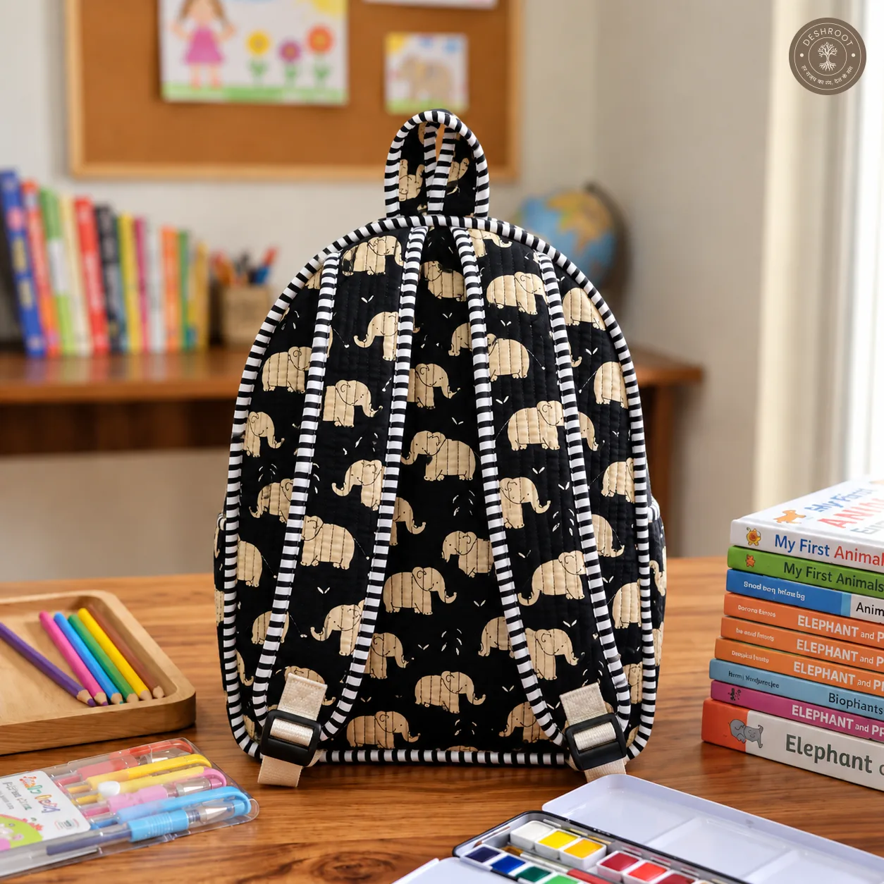 Handmade Cotton Kids Backpack with Elephant Print
