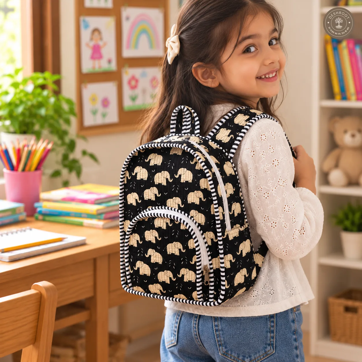Handmade Cotton Kids Backpack with Elephant Print