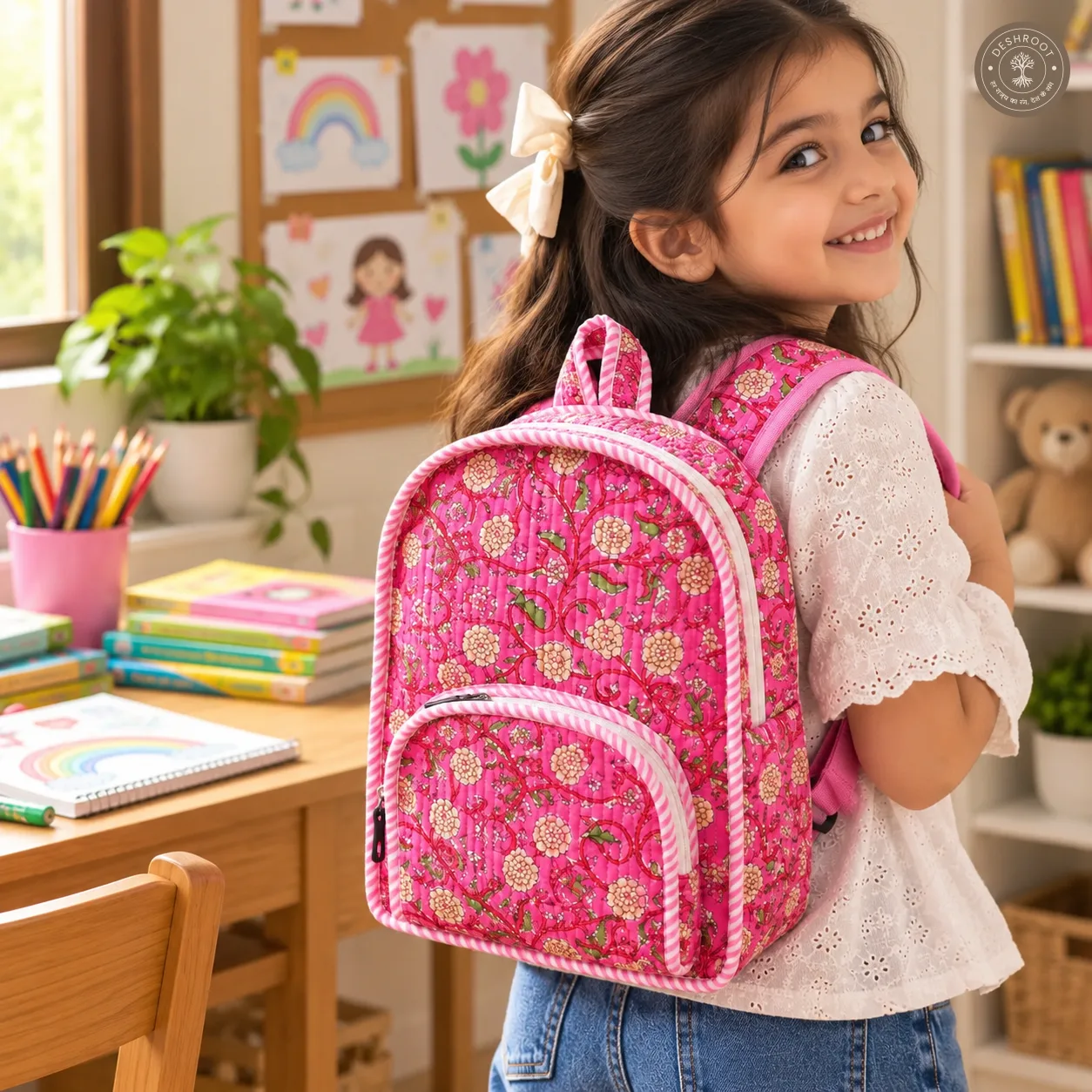 Handcrafted Quilted Floral Cotton Kids Backpack – Pink Printed School & Travel Bag