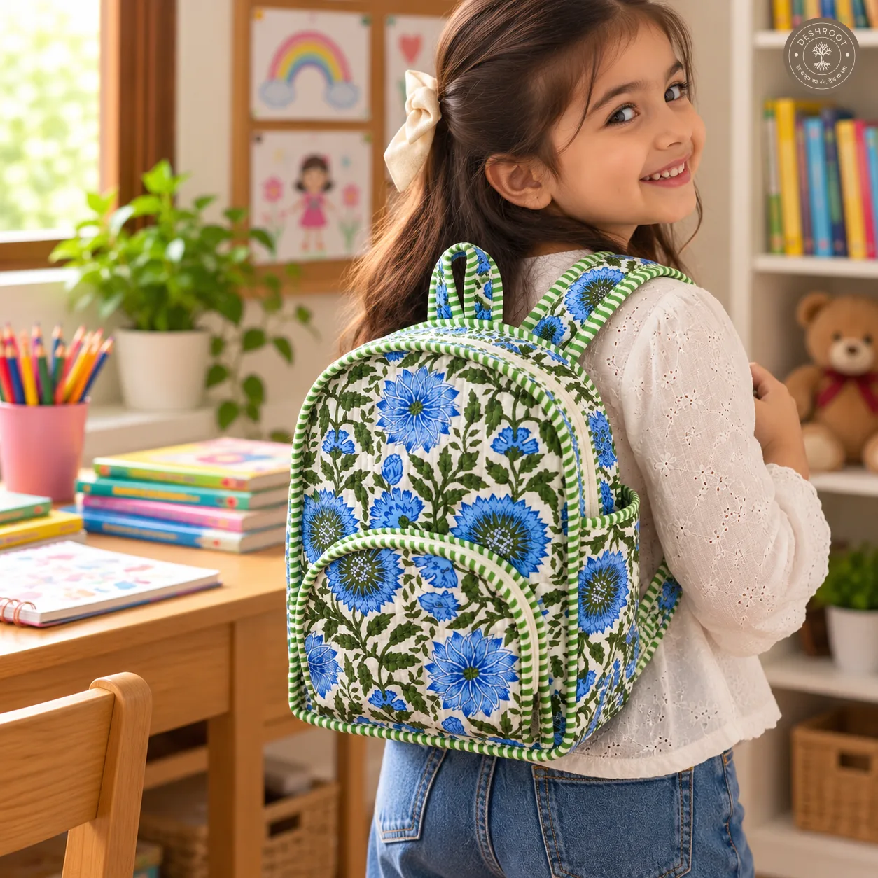 Handcrafted Quilted Blue Floral Cotton Kids Backpack – Lightweight School & Travel Bag