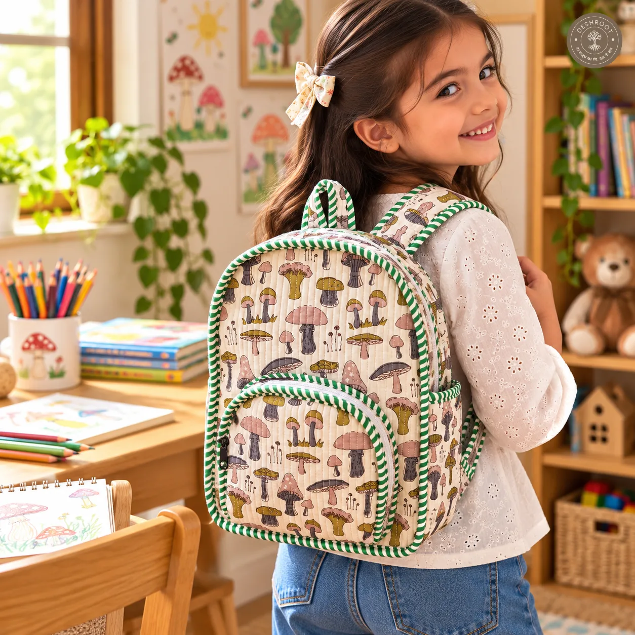 Handcrafted Quilted Mushroom Print Cotton Kids Backpack – Lightweight School & Travel Bag