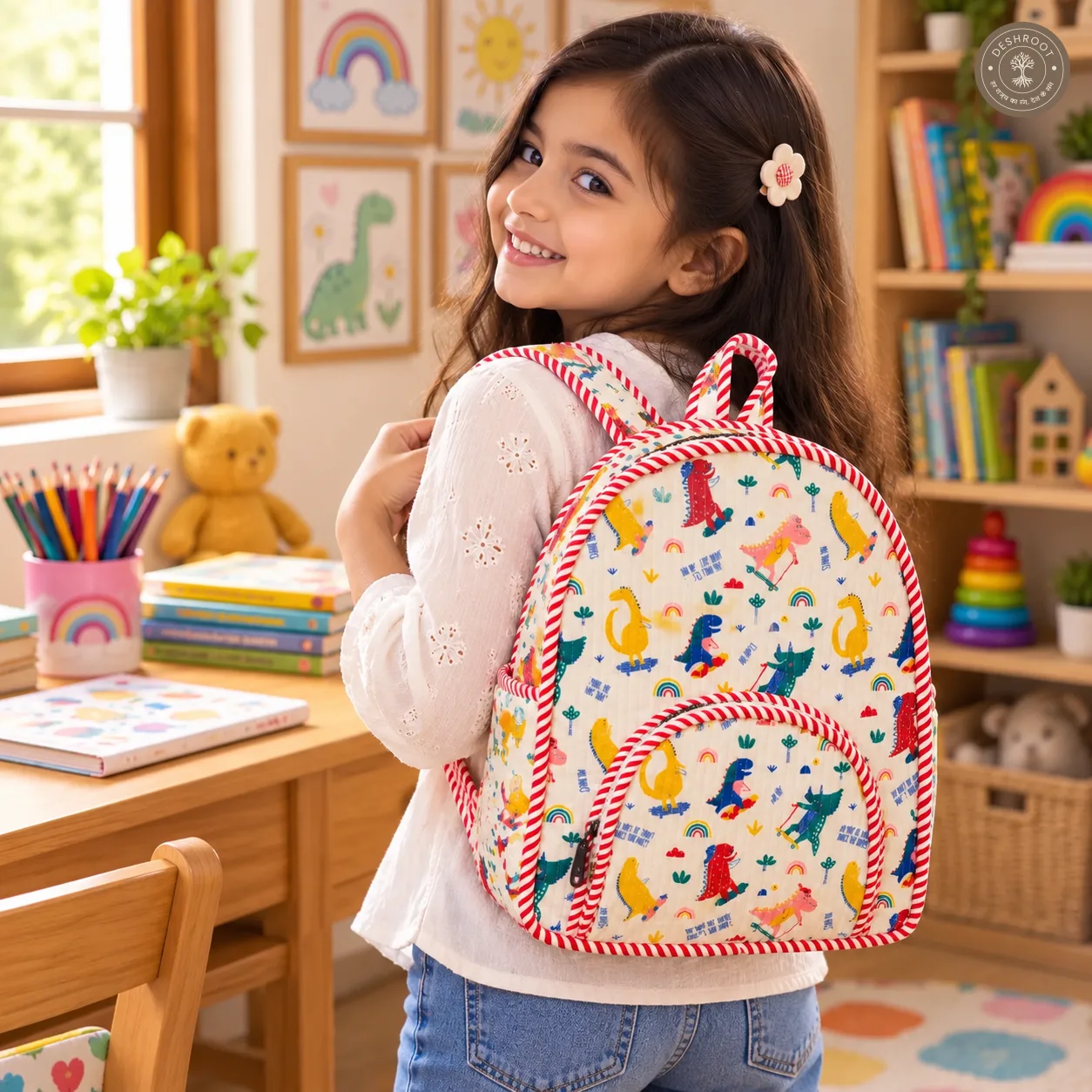 Handcrafted Quilted Dinosaur Print Cotton Kids Backpack – Lightweight School & Travel Bag