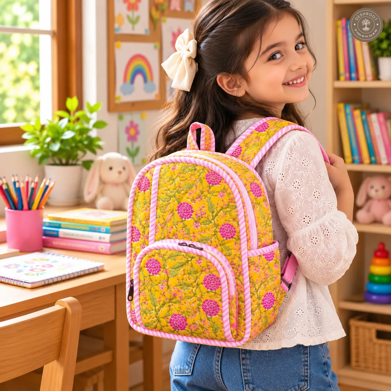 Handcrafted Quilted Yellow Floral Cotton Kids Backpack – Lightweight School & Travel Bag