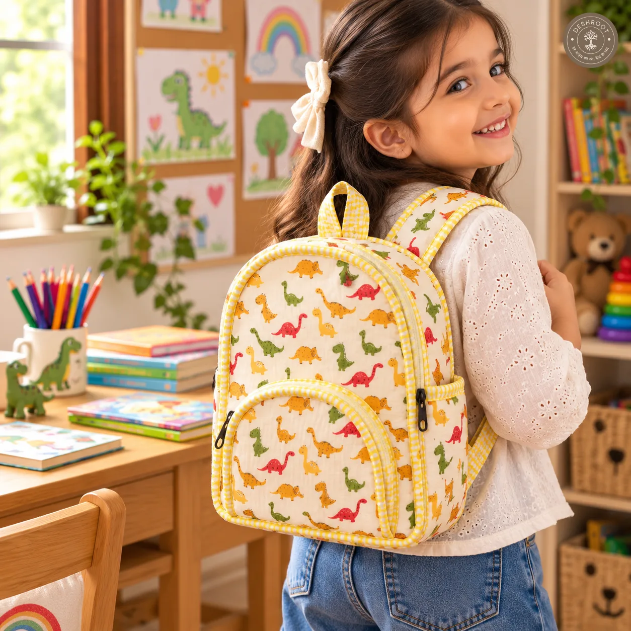 Handcrafted Quilted Dinosaur Print Cotton Kids Backpack – Lightweight School & Travel Bag