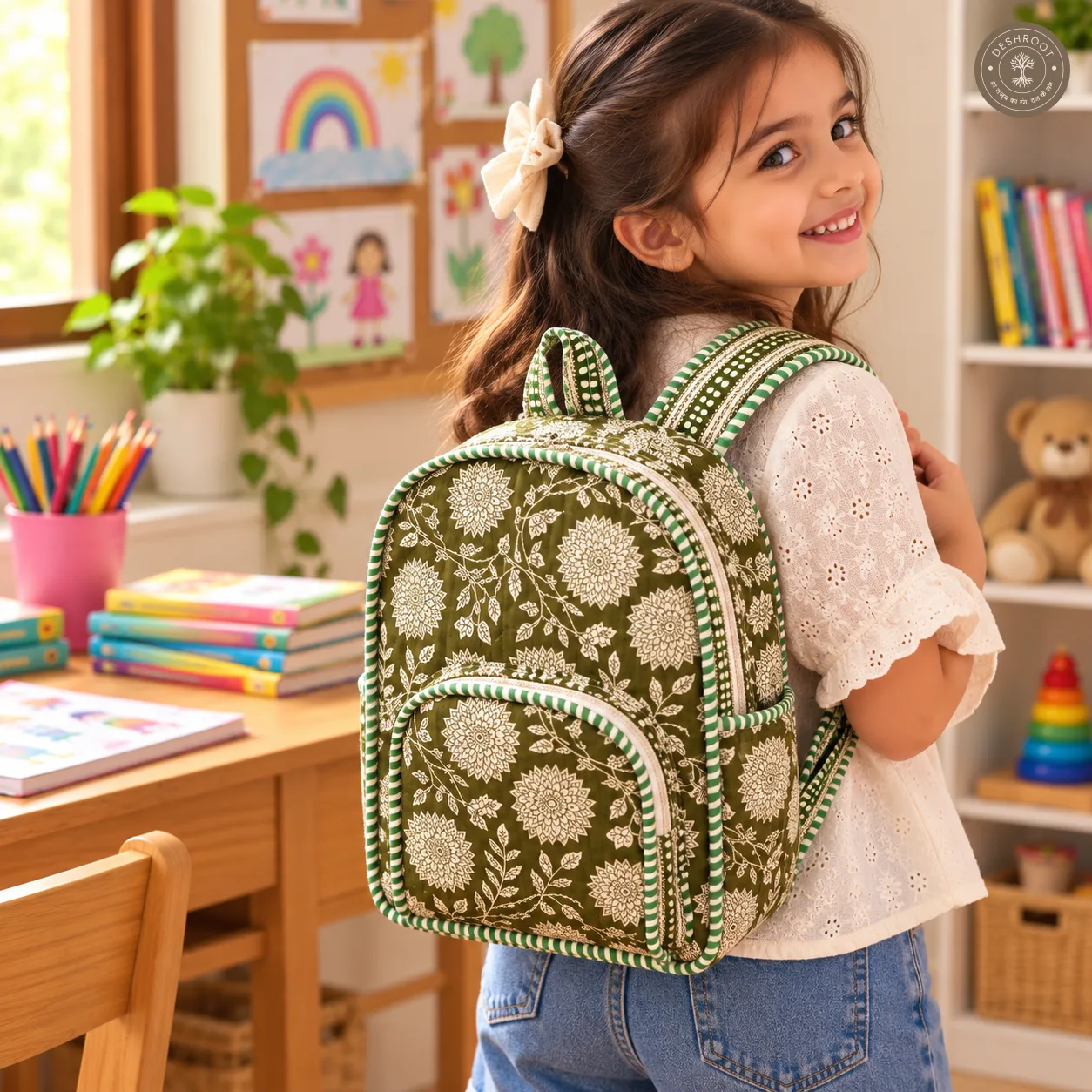Handcrafted Quilted Olive Green Floral Cotton Kids Backpack - Lightweight School & Travel Bag