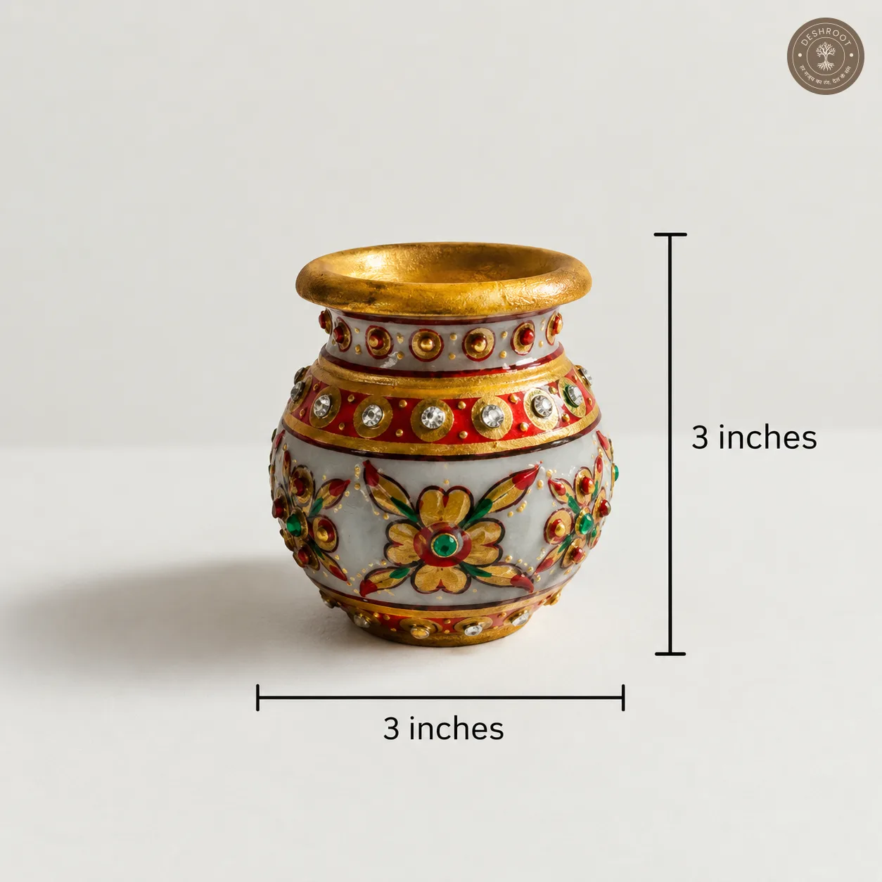 Handcrafted Agra Marble Inlay Saar Marka Marble Pooja Kalash Pot with Hand-Painted Floral Design & Gemstone Work