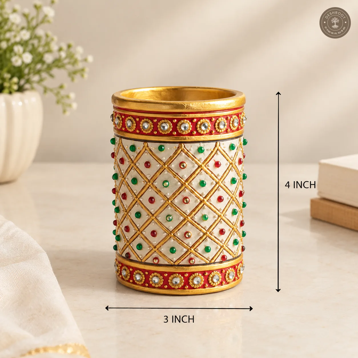 Handcrafted White Marble Pen Holder with Kundan Work - Premium Desk Organizer for Pens, Pencils & Stationery