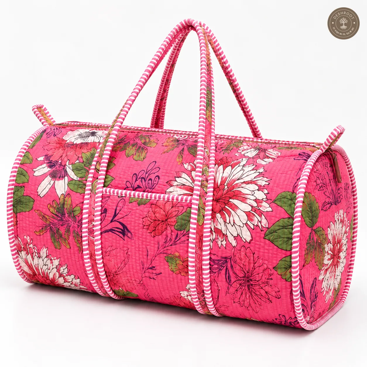 Handcrafted Quilted Pink Floral Cotton Duffel Bag