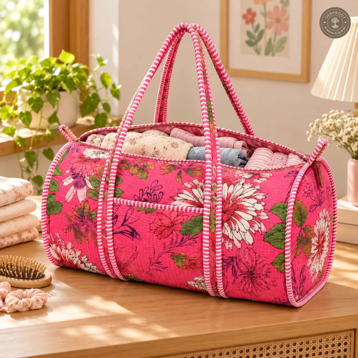 Handcrafted Quilted Pink Floral Cotton Duffel Bag