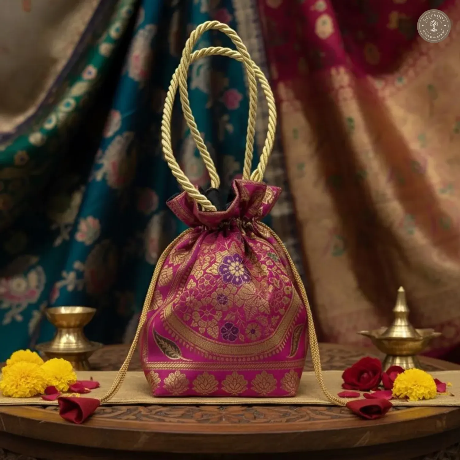 Rani Pink Colour Handcrafted Banarasi Potli Bag