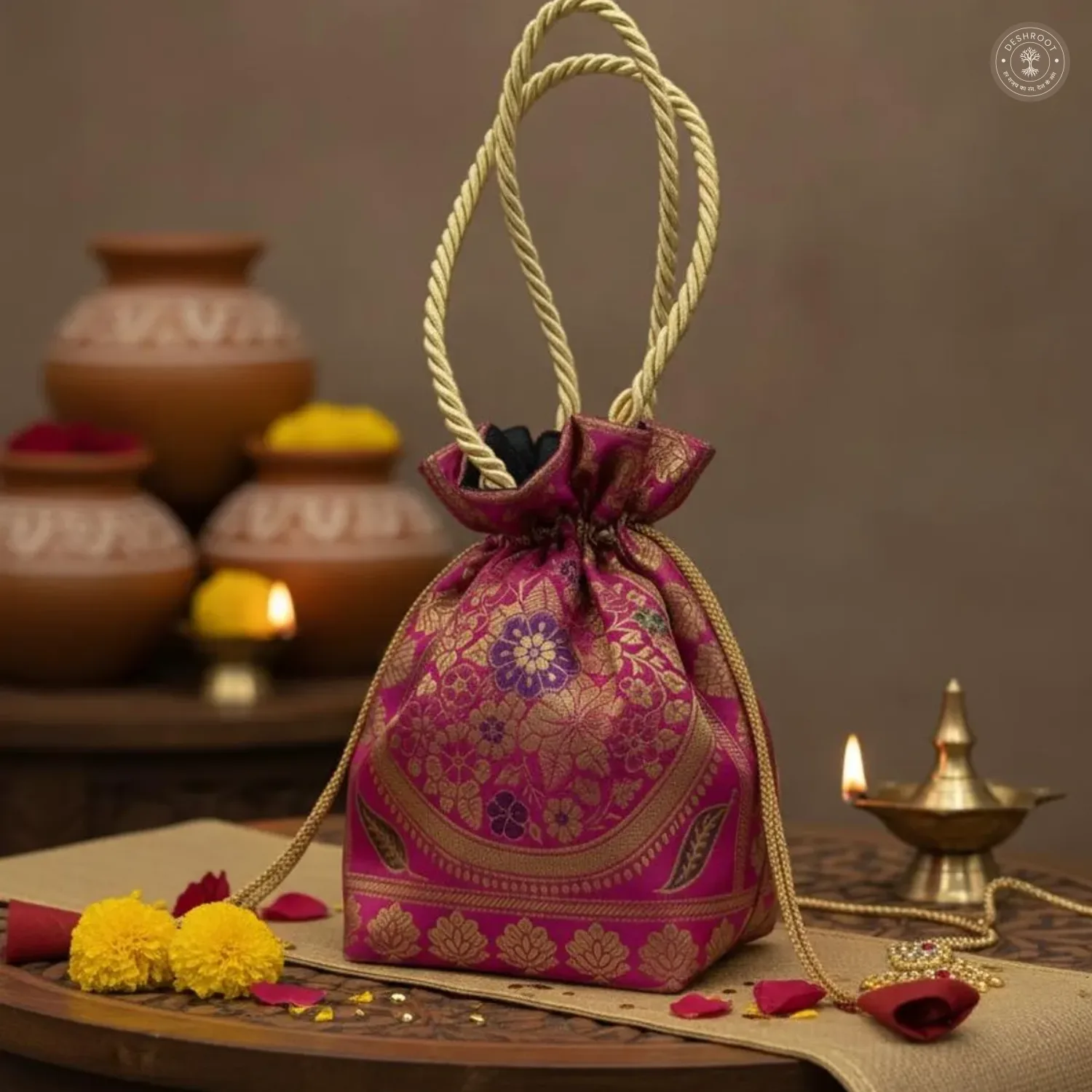 Rani Pink Colour Handcrafted Banarasi Potli Bag