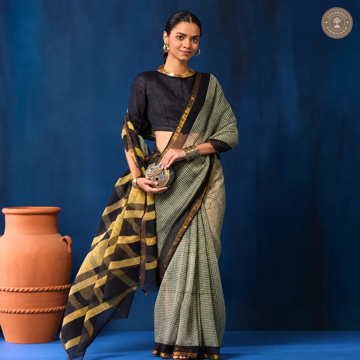 Hand Block Printed Kota Doriya Saree for Women | Lightweight Traditional Indian Saree with Blouse Piece