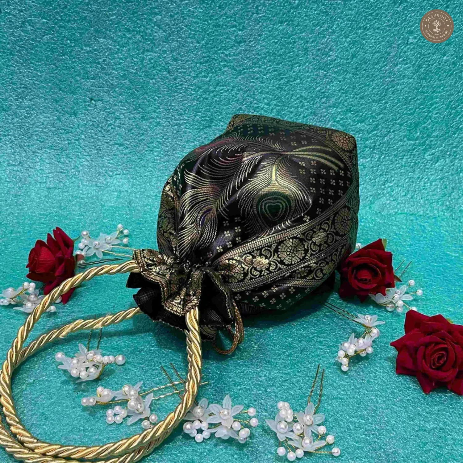 Black Banarasi Silk Brocade Peacock Embroidered Potli Bag For Women
