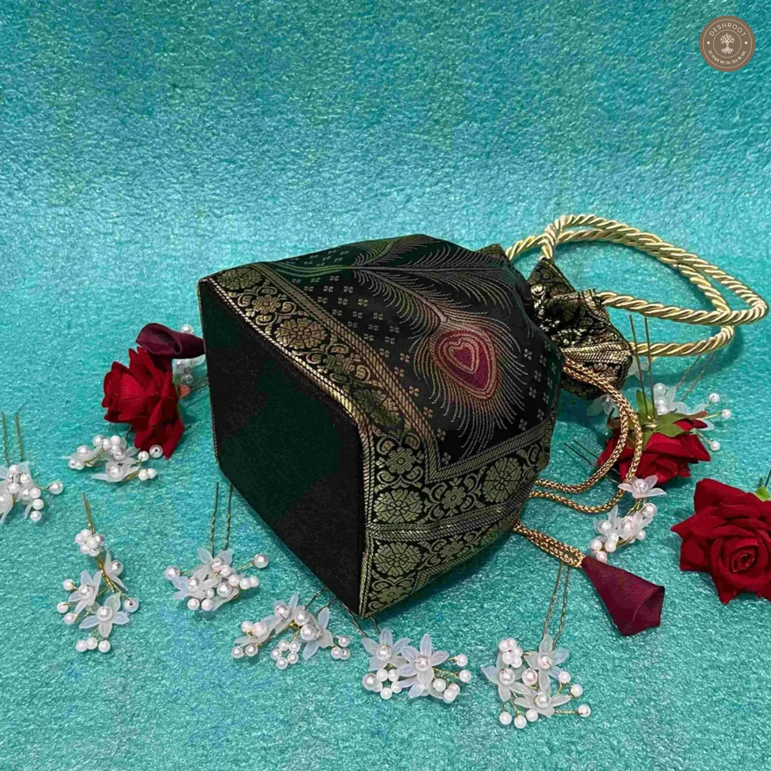 Black Banarasi Silk Brocade Peacock Embroidered Potli Bag For Women