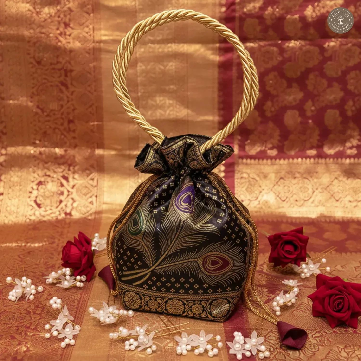 Black Banarasi Silk Brocade Peacock Embroidered Potli Bag For Women