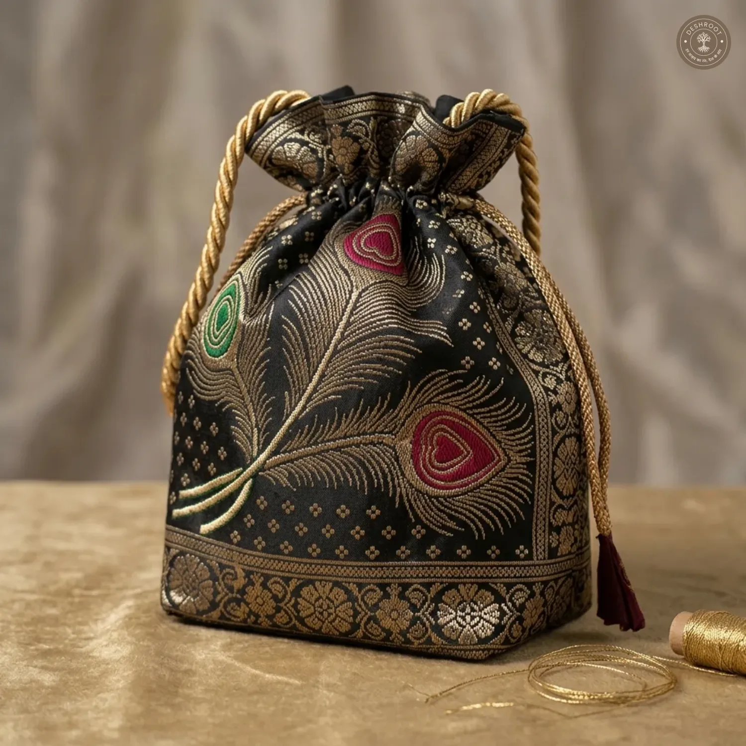 Black Banarasi Silk Brocade Peacock Embroidered Potli Bag For Women
