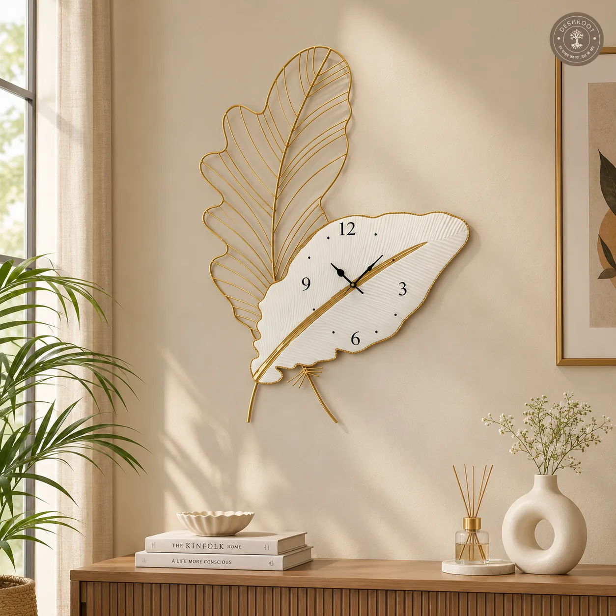 Golden Leaf Metal Wall Clock