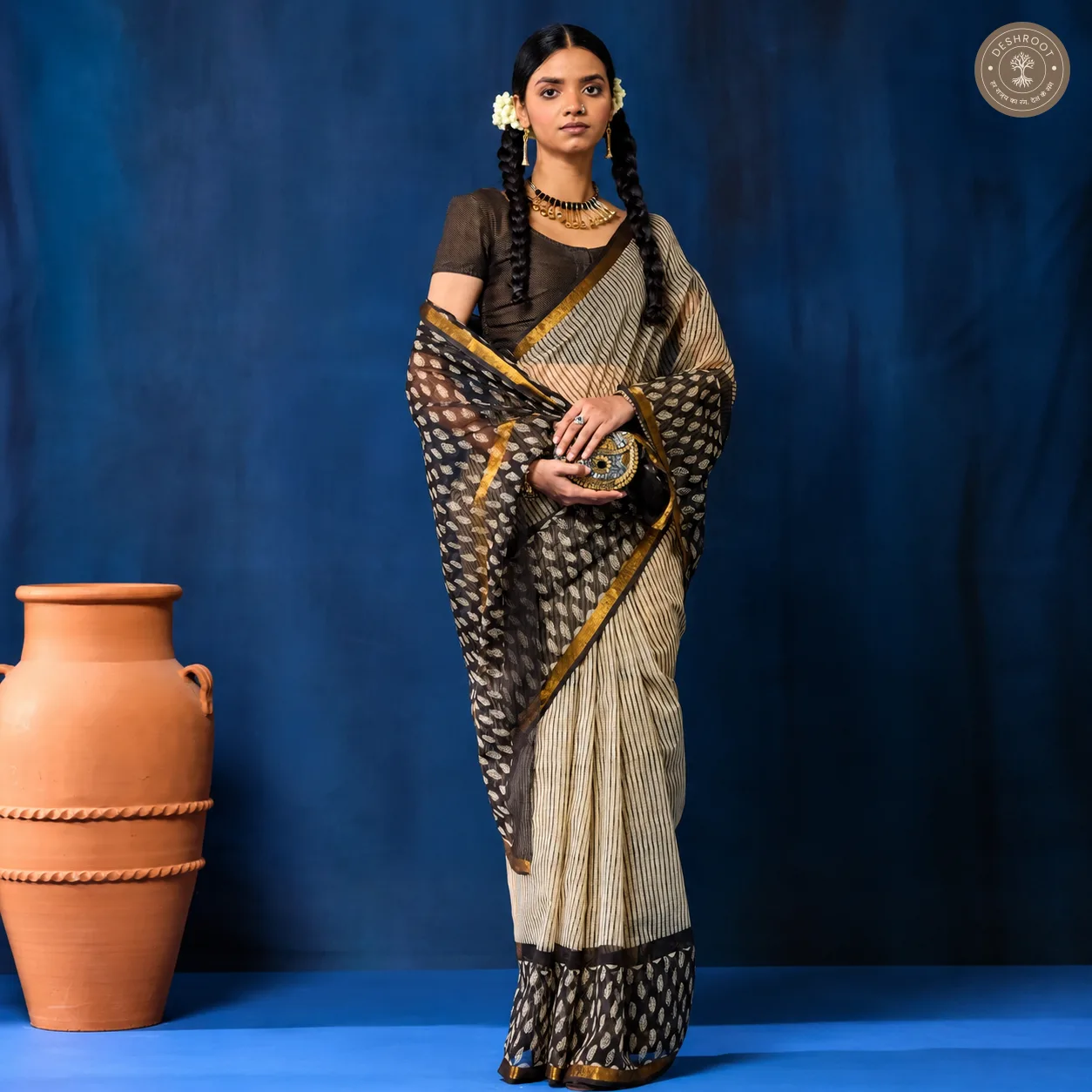 Hand Block Printed Kota Doriya Saree for Women | Lightweight Traditional Indian Saree with Blouse Piece