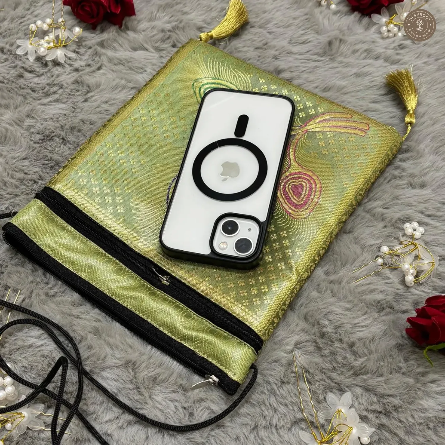 Green Banarasi Silk Brocade Sling Bag For Women