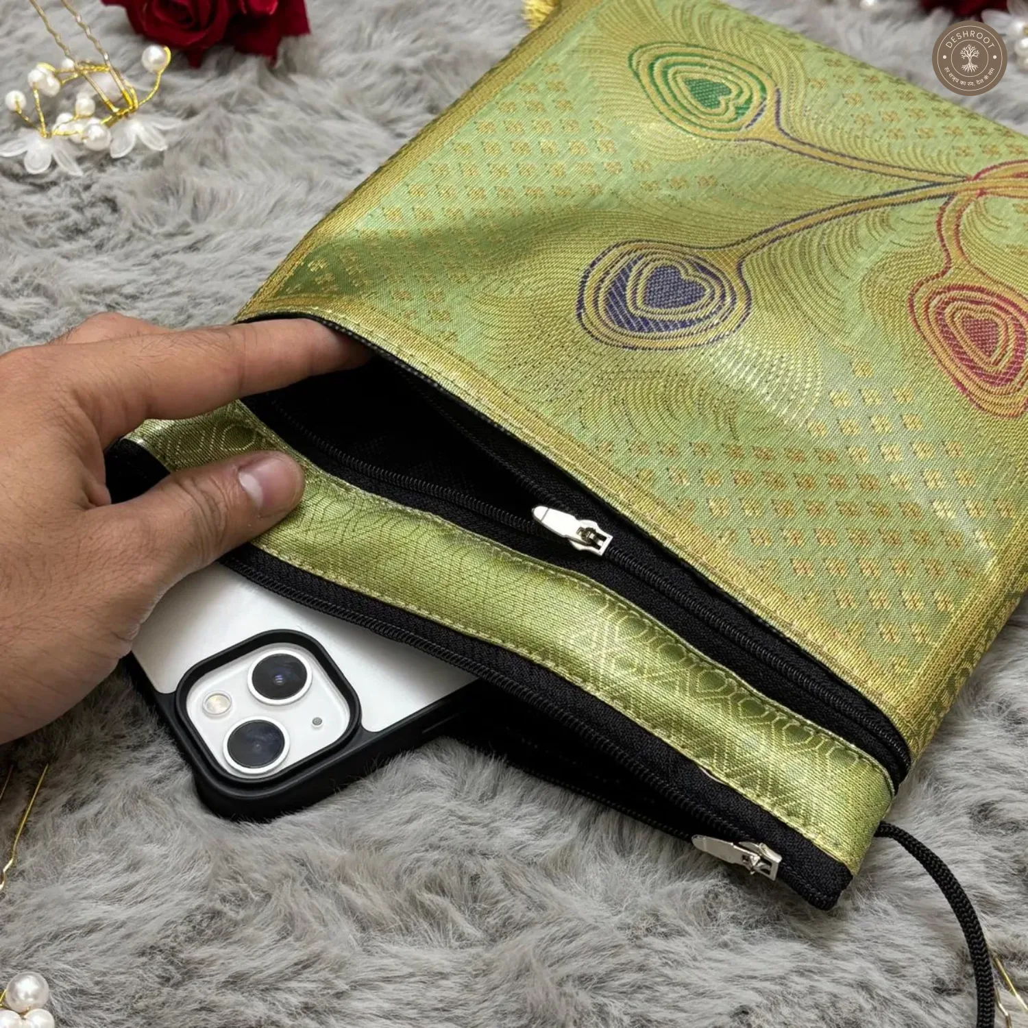 Green Banarasi Silk Brocade Sling Bag For Women