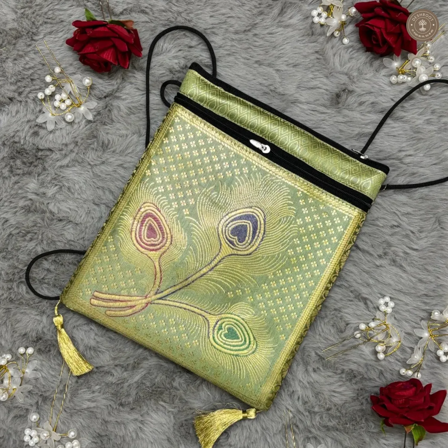 Green Banarasi Silk Brocade Sling Bag For Women