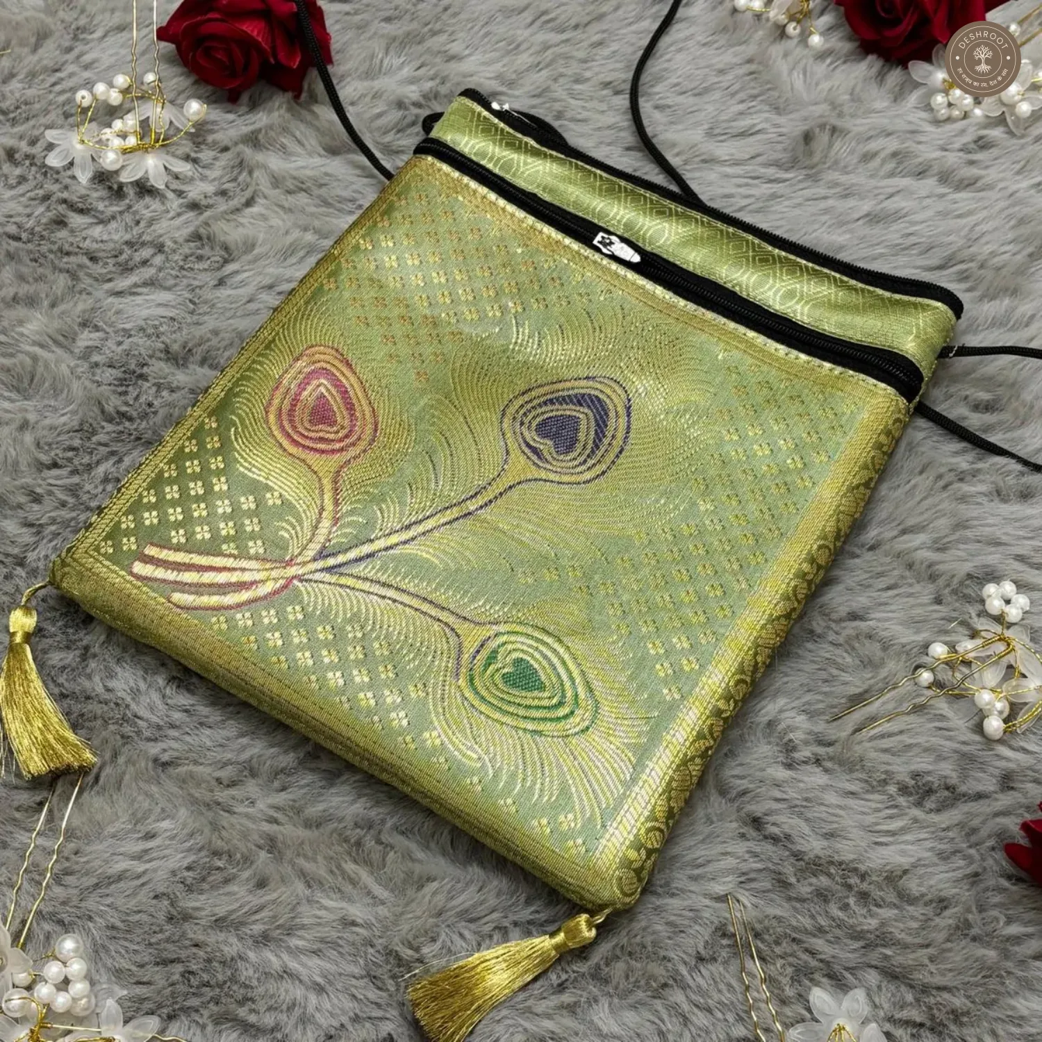 Green Banarasi Silk Brocade Sling Bag For Women