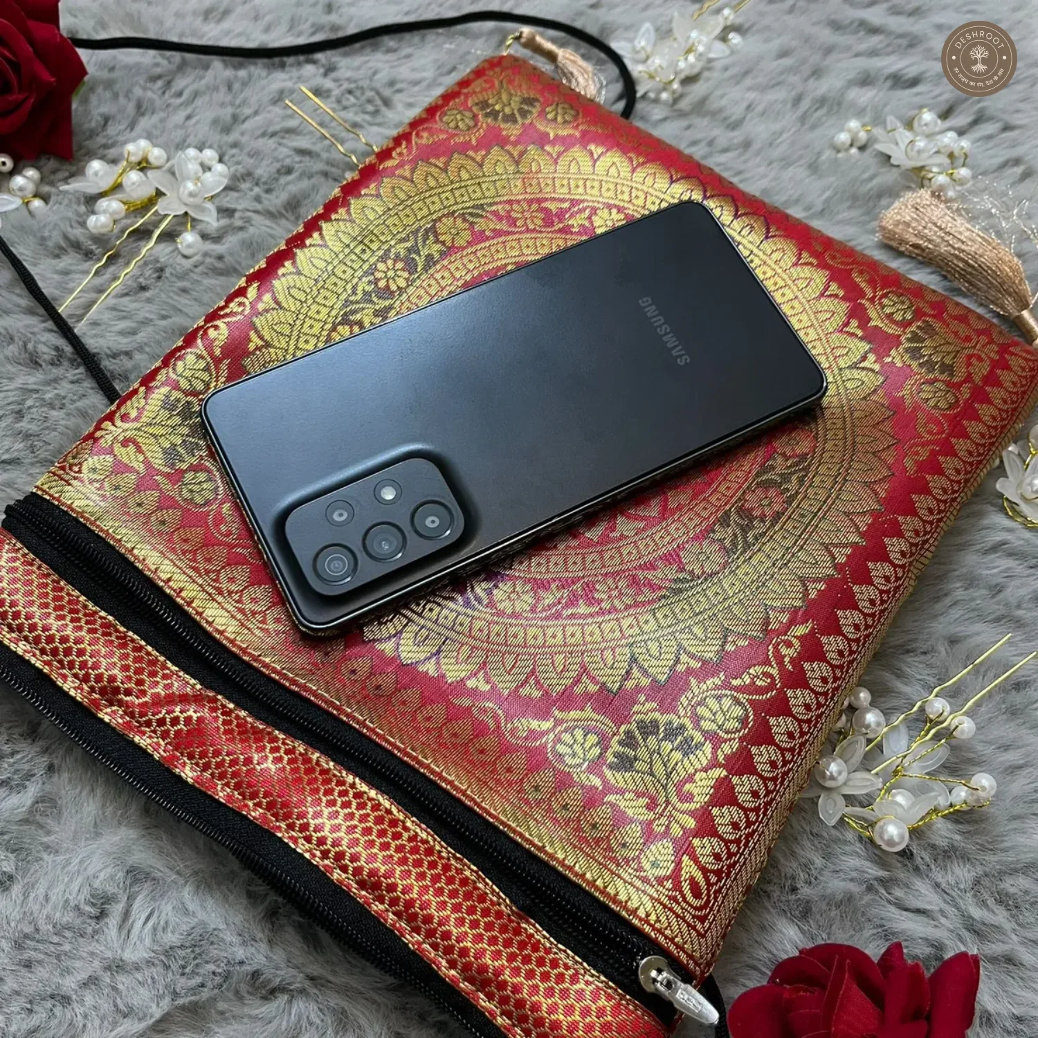 Red Banarasi Silk Brocade Sling Bag For Women